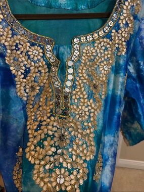 Pure Raw silk royal blue Gota and mirror work kurta 2 pcs set
